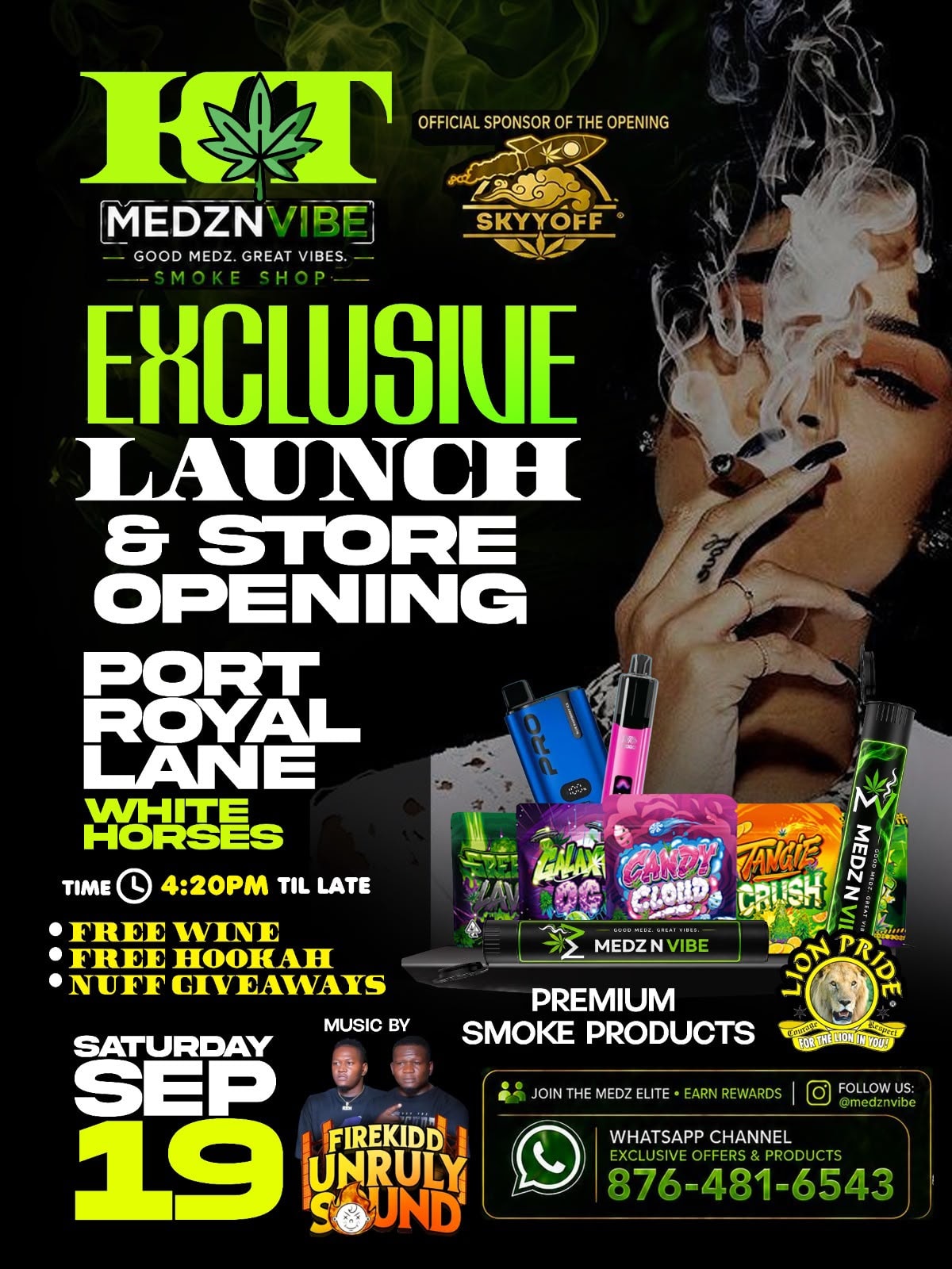 MedzNVibe Exclusive Launch & Store Opening — Saturday Sep 19, Port Royal Lane, White Horses. Time 4:20PM til late.
